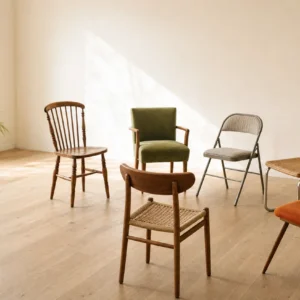 Six mismatched chairs of different styles and materials arranged loosely in a bright airy room, a spindle-back wood chair — 6 Personality Types That Explain How People Communicate