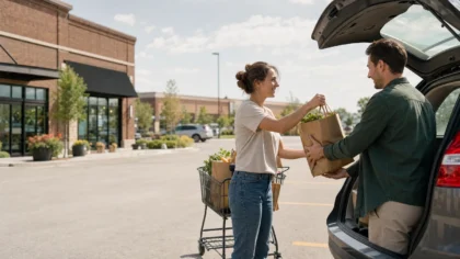 A white / Caucasian couple (one woman, one man) loading grocery bags into a car trunk together in a parking lot — Why Is Compromise So Hard in Relationships? A Therapist
