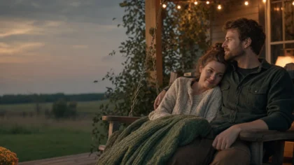 A white / Caucasian couple (one woman, one man) settled close together on a porch swing at dusk, one leaning into the other