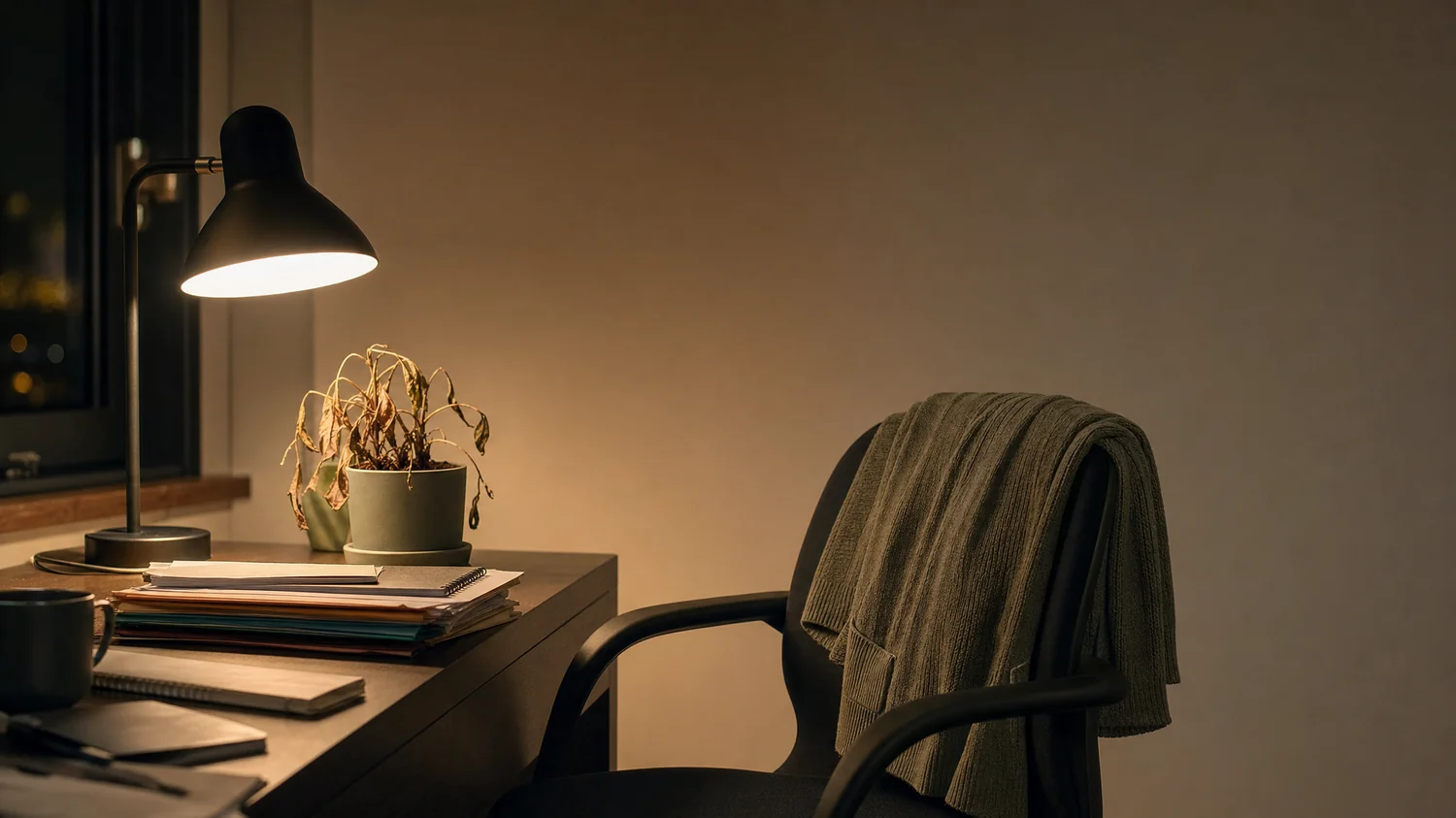 A desk lamp left glowing over an empty office chair pushed back at night, a cardigan draped across it and a wilting little desk plant beside