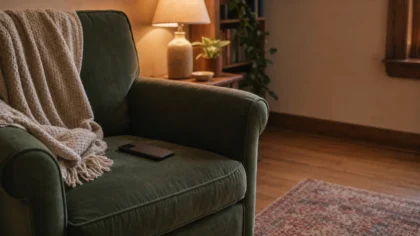 A phone lying face-down on a worn armchair beside a soft knit blanket, warm lamp-lit evening, cream-and-wood living room