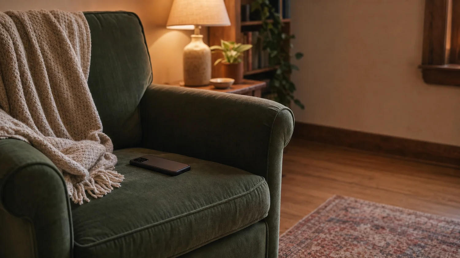 A phone lying face-down on a worn armchair beside a soft knit blanket, warm lamp-lit evening, cream-and-wood living room