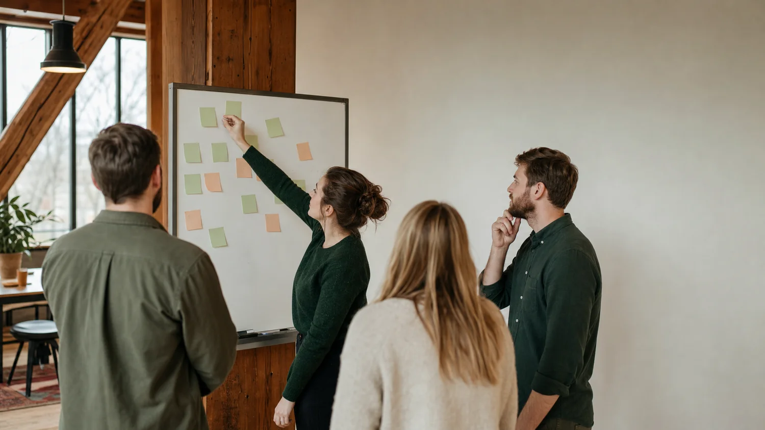 A group of white / Caucasian colleagues gathered around a standing whiteboard adding sticky notes — Communication Breakdown at Work: What to Do When Your Team Stops Hearing Each Other