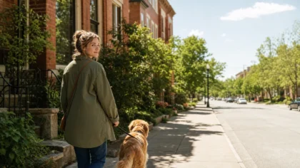 A white / Caucasian person walking a dog down a leafy residential sidewalk, glancing back over one shoulder with an easy, attentive expression
