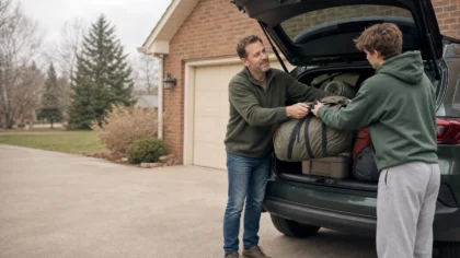 A white / Caucasian parent and their teenager loading camping gear and a duffel into the open hatch of a car in a driveway