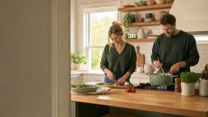 A white / Caucasian couple (one woman, one man) cooking dinner side by side at a butcher-block island