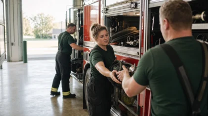 A group of white / Caucasian colleagues in station uniforms restocking and checking equipment on the side of a fire engine in an apparatus bay