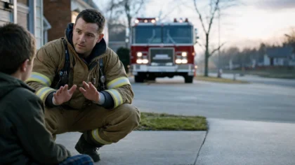 Wide environmental shot on a suburban driveway at cool dawn, a white / Caucasian person in firefighter turnout gear crouched low with palms open