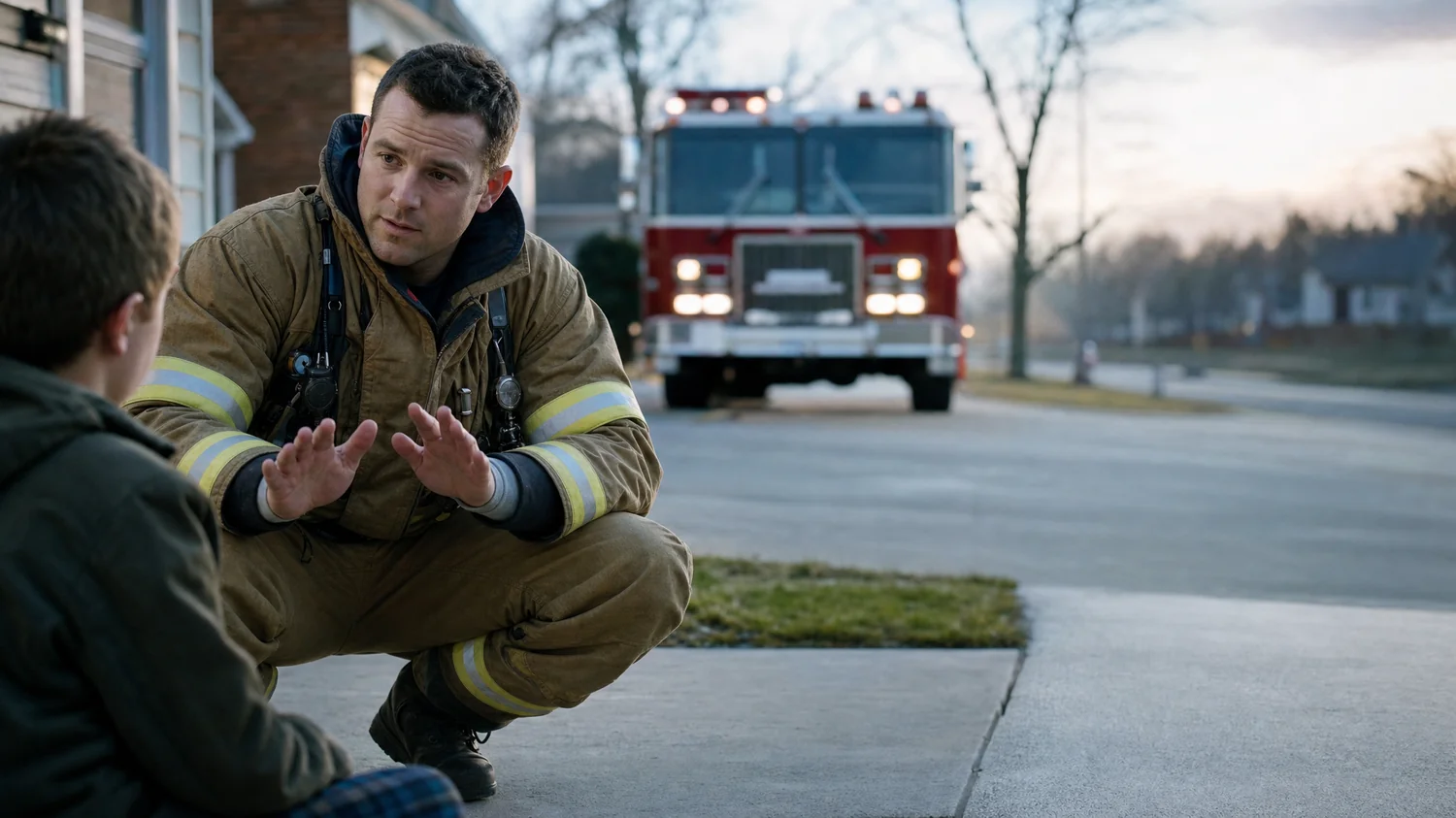Wide environmental shot on a suburban driveway at cool dawn, a white / Caucasian person in firefighter turnout gear crouched low with palms open