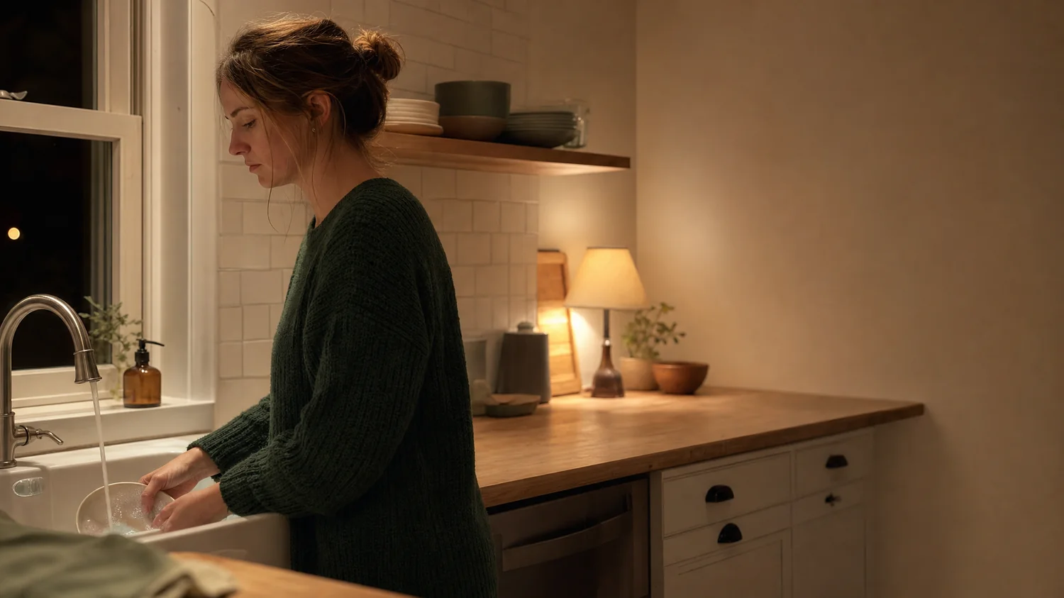 Side profile of a white / Caucasian person alone at a kitchen sink at night washing a single dish, hands paused in the water and gaze gone flat