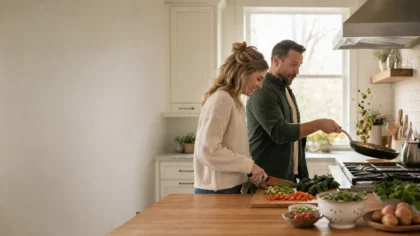 A white / Caucasian couple (one woman, one man) cooking side by side at a kitchen counter, one chopping vegetables in a slow neat pile while