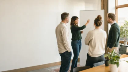 A group of white / Caucasian colleagues gathered standing around a whiteboard mid-discussion, one gesturing at the board while others lean