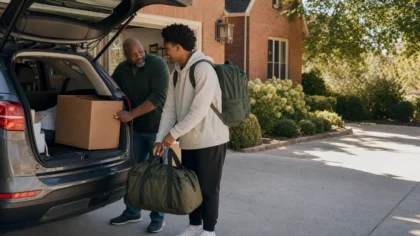 A Black / African American parent and their teenager loading a packed cardboard box and a duffel into the back of a car in a driveway