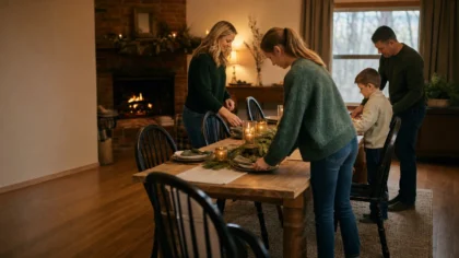 Candid from across the room, a white / Caucasian family setting a holiday dinner table together — arranging plates, folding napkins