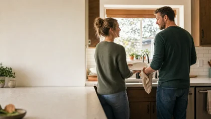 A white / Caucasian couple (one woman, one man) standing side by side at a kitchen sink washing and drying dishes — How to Communicate Without Fighting: What Personality Styles Reveal