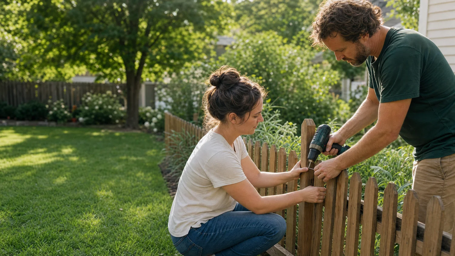A white / Caucasian couple (one woman, one man) mending a low garden fence together in a backyard — How to Set Boundaries Without Losing the Relationship