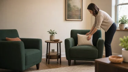 A white / Caucasian person, a therapist, arranging two armchairs and a side table in a calm office before a session — Improving Client Rapport Through Communication Styles