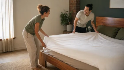 A multiracial couple (one woman, one man) making a bed together, snapping a fresh sheet taut across the mattress from opposite sides