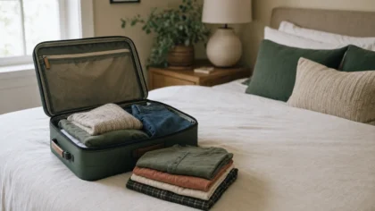 A half-packed suitcase open on a made bed with a few folded shirts stacked beside it, cool morning light, warm neutral bedroom