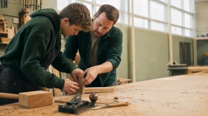 A white / Caucasian teacher and student bent over a workbench in a school shop class fitting a wooden joint together