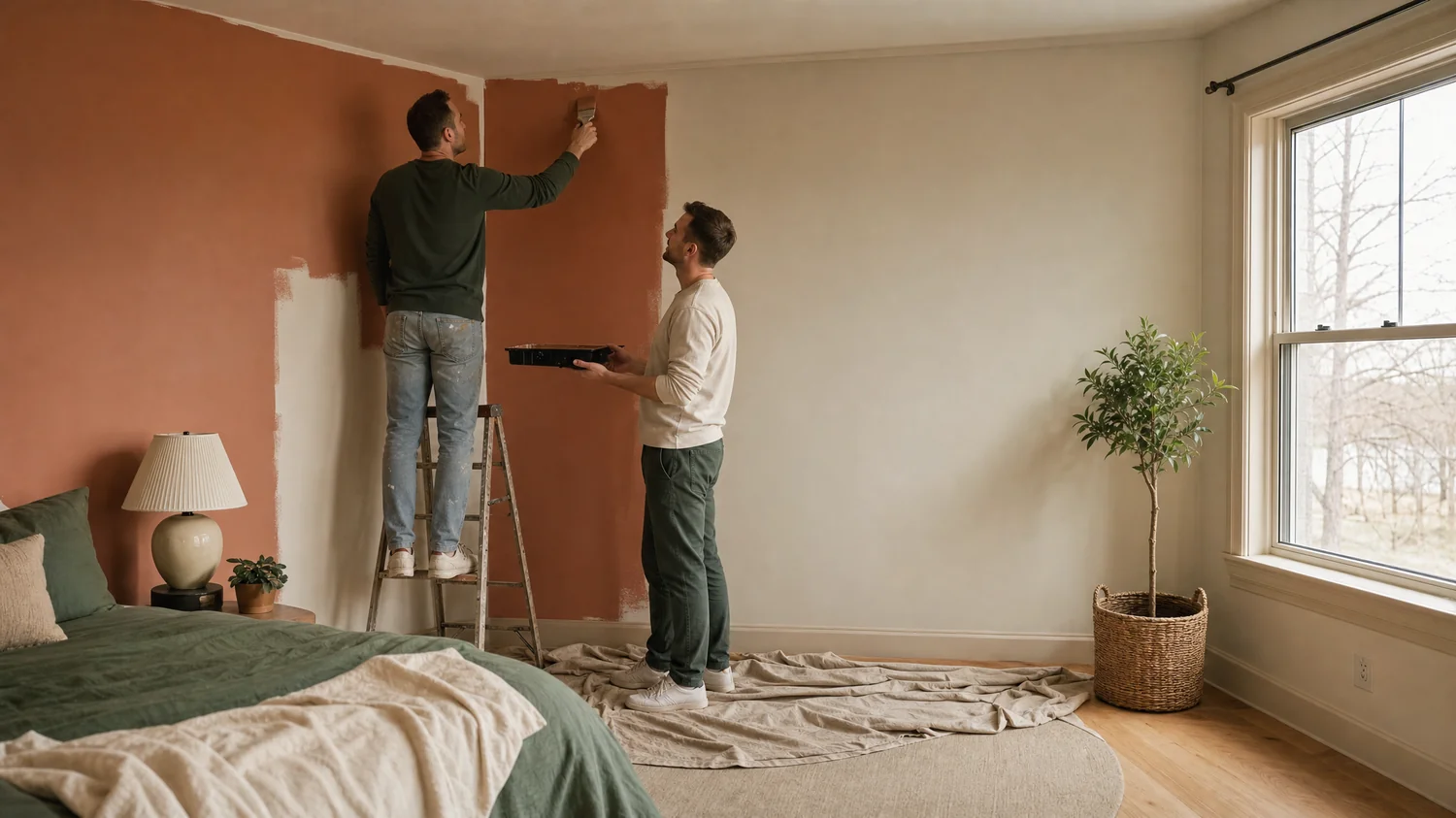 Wide environmental shot of a white / Caucasian same-sex male couple (two men) painting a bedroom wall together — The Link Between Relationship Patterns, Distress, and Your Environment