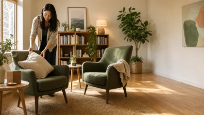 An East Asian therapist quietly arranging two chairs and plumping a cushion in a warm sunlit office before a session, bright midday light