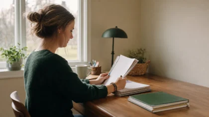 Side profile of a white / Caucasian person reviewing a stack of student notebooks at a desk by a window in cool morning light; warm wood desk