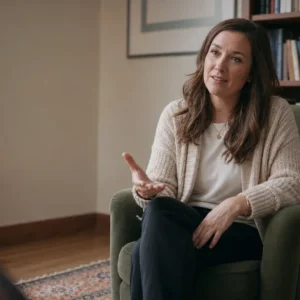 A white / Caucasian person, a therapist, mid-gesture while speaking, seated at an angle in an armchair with one hand open in an approachable