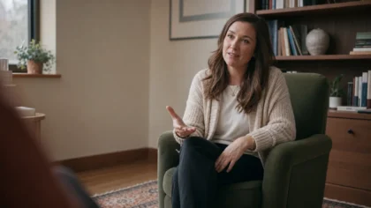 A white / Caucasian person, a therapist, mid-gesture while speaking, seated at an angle in an armchair with one hand open in an approachable