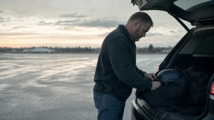 A white / Caucasian person, an off-duty first responder in plain clothes, checking gear laid out in the open trunk of a vehicle at first light