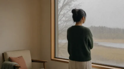 From behind, an East Asian person standing at a rain-streaked window looking out, still and reflective, flat overcast grey daylight