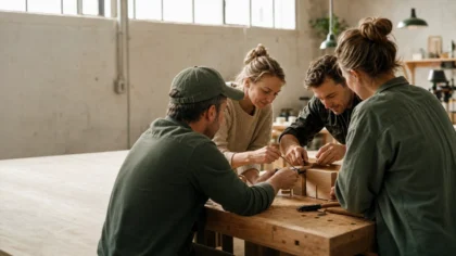 Over-the-shoulder view of a group of white / Caucasian colleagues building something together at a shared workbench in a bright makerspace