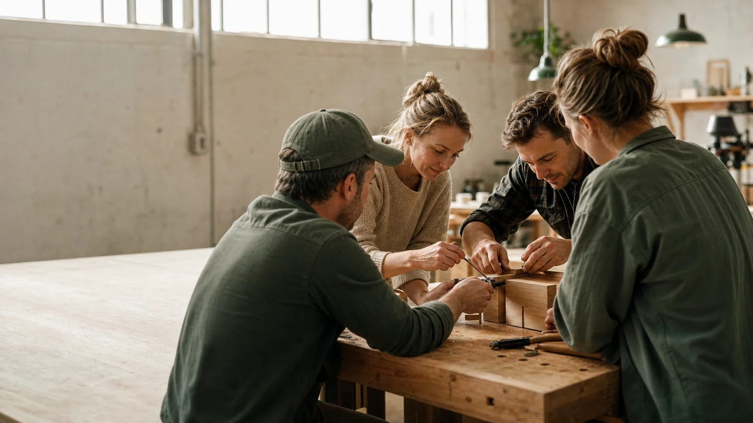Over-the-shoulder view of a group of white / Caucasian colleagues building something together at a shared workbench in a bright makerspace