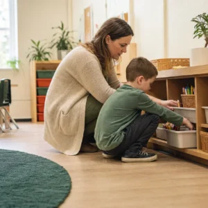 Candid from across the room: a white / Caucasian teacher and student crouched together at a low classroom shelf sorting art supplies