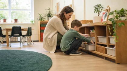 Candid from across the room: a white / Caucasian teacher and student crouched together at a low classroom shelf sorting art supplies