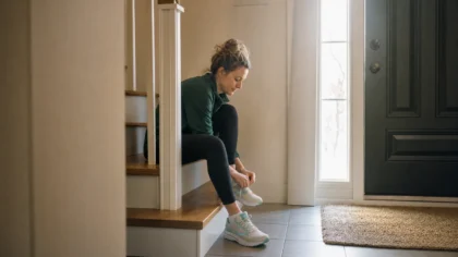 Side profile of a white / Caucasian person sitting on the bottom step of a staircase lacing up running shoes, about to head out the front door