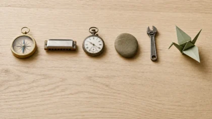 Overhead flat-lay on pale oak of six distinct small objects spaced evenly across the frame — a brass compass, a harmonica, a pocket watch