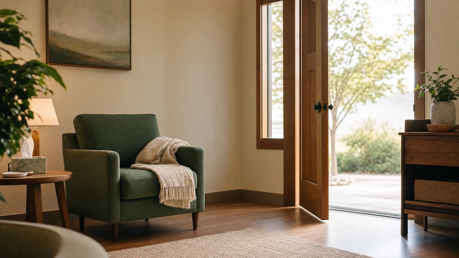 An open office door letting bright daylight into a warm therapy room with an empty armchair and a folded throw blanket, bright midday light