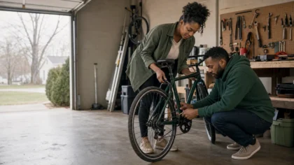 A Black / African American couple (one woman, one man) repairing a bicycle together in a garage — Why Am I Always the One Who