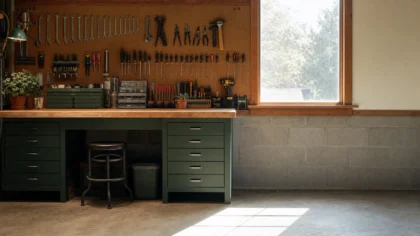 An over-organized garage workbench shot in hard bright midday light through a dusty window — tools hung in perfectly even rows — Why Am I So Controlling When I