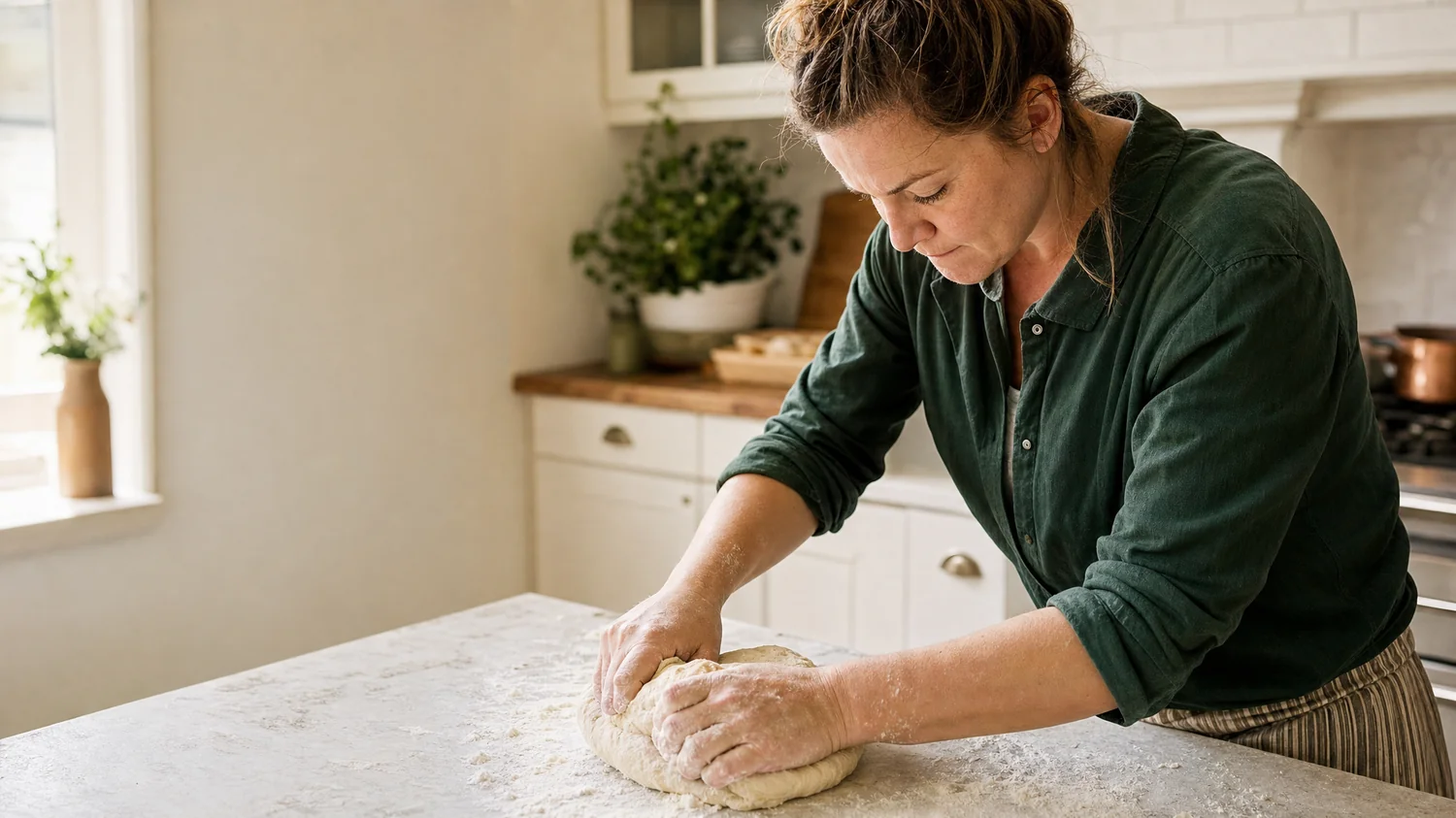 A white / Caucasian person kneading bread dough hard on a floured counter, sleeves pushed up and jaw set with focus — Why Can
