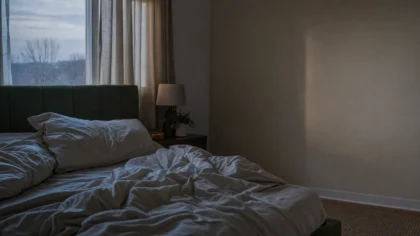 An unmade bed at grey dawn, sheets tangled and pillow dented, curtains half-drawn letting in cool blue first light; muted neutral bedroom — Why Can
