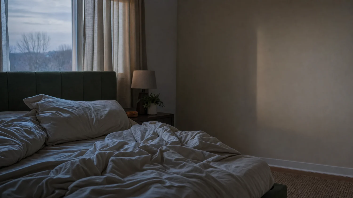 An unmade bed at grey dawn, sheets tangled and pillow dented, curtains half-drawn letting in cool blue first light; muted neutral bedroom — Why Can