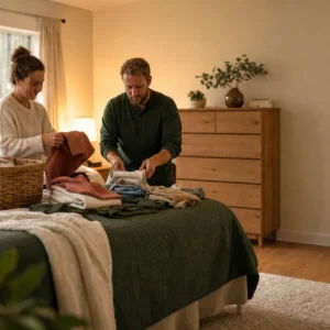 A white / Caucasian couple (one woman, one man) folding a warm load of laundry together on a neatly made bed, sorting and stacking