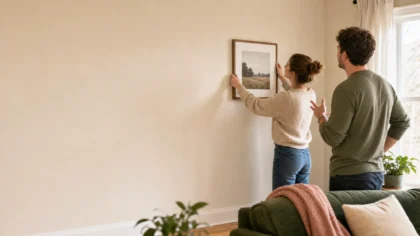 A white / Caucasian couple (one woman, one man) hanging a framed picture together, one holding it level against the wall while the other steps