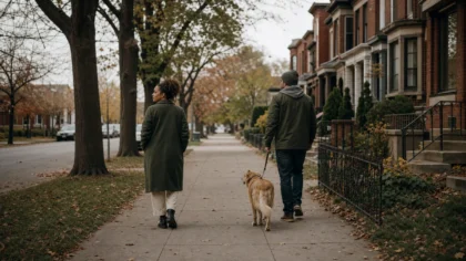 A multiracial couple (one woman, one man) walking a dog along a tree-lined sidewalk with a small gap between them, one gazing off to the side