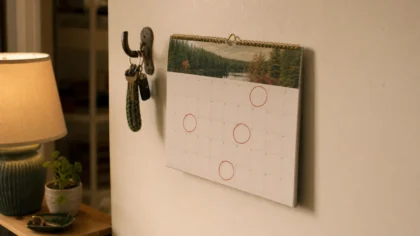 A wall calendar with the same reminder circled on repeating dates, hanging on a cream wall beside a hook of keys, lamp-lit evening