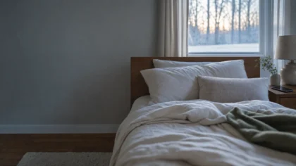 A made bed at dawn with softly rumpled sheets and a phone lying face-down on the nightstand — Why Does My Anxiety Get Worse When I Finally Relax? Understanding Your Nervous System