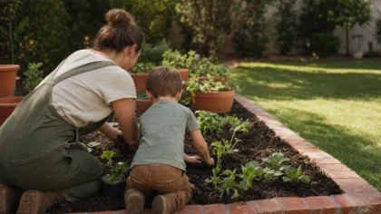 A white / Caucasian parent and their young child kneeling together at a raised backyard garden bed pressing seedlings into soil