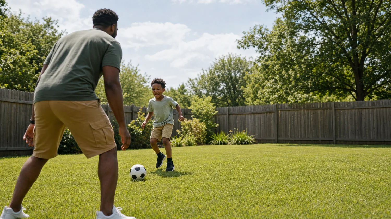 A Black / African American parent and their young child kicking a soccer ball back and forth in a grassy backyard